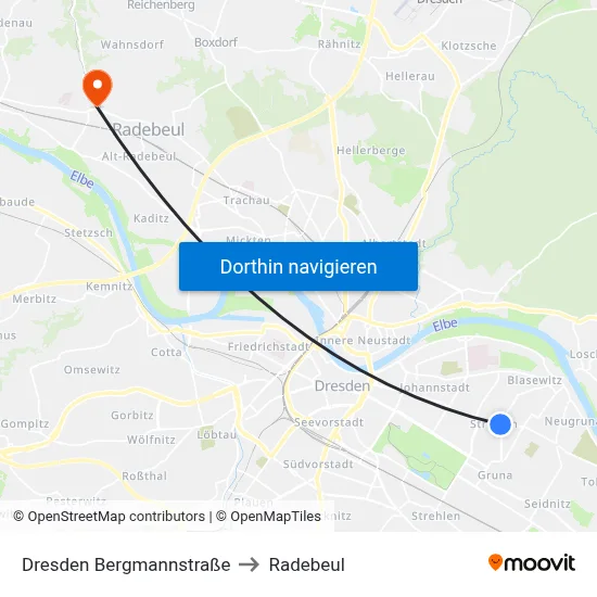 Dresden Bergmannstraße to Radebeul map