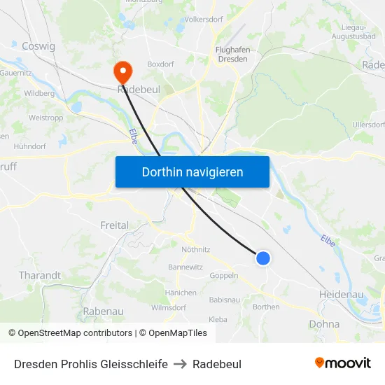 Dresden Prohlis Gleisschleife to Radebeul map