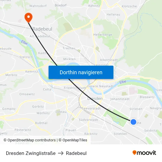 Dresden Zwinglistraße to Radebeul map