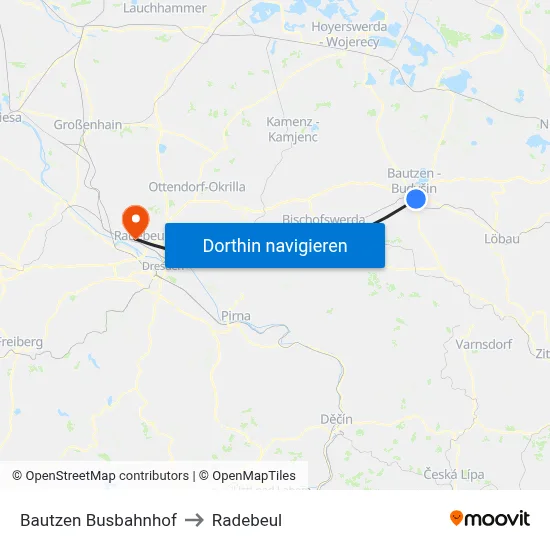 Bautzen Busbahnhof to Radebeul map