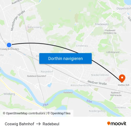 Coswig Bahnhof to Radebeul map