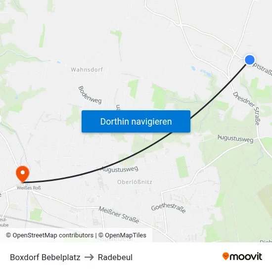Boxdorf Bebelplatz to Radebeul map