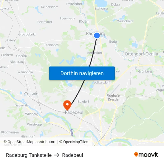 Radeburg Tankstelle to Radebeul map