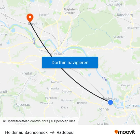Heidenau Sachseneck to Radebeul map