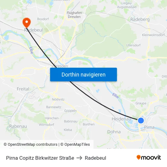 Pirna Copitz Birkwitzer Straße to Radebeul map