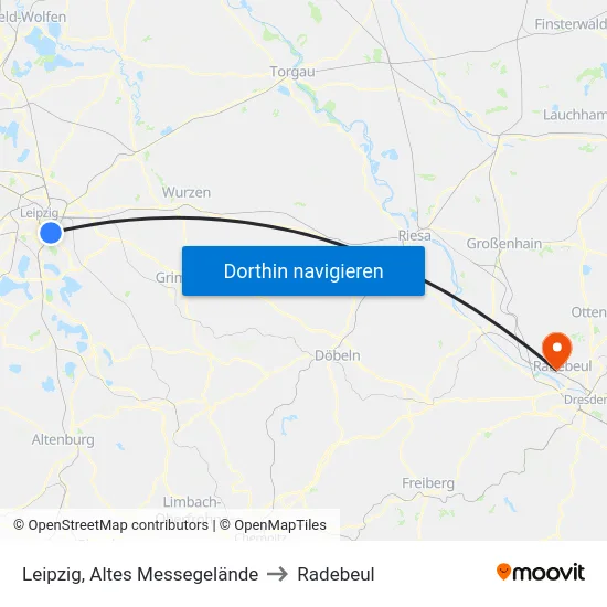 Leipzig, Altes Messegelände to Radebeul map