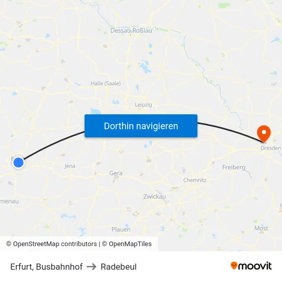 Erfurt, Busbahnhof to Radebeul map