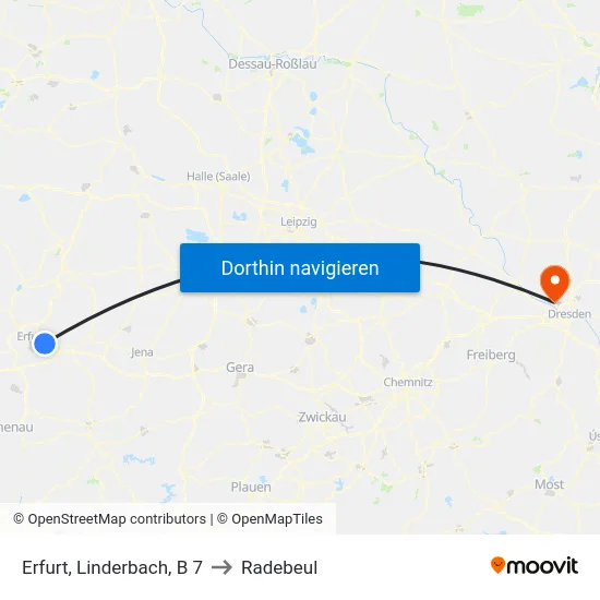 Erfurt, Linderbach, B 7 to Radebeul map