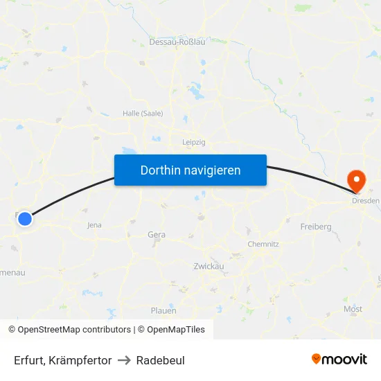 Erfurt, Krämpfertor to Radebeul map