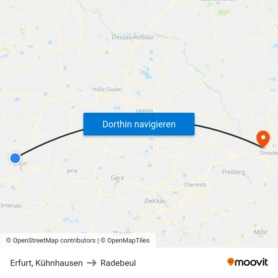 Erfurt, Kühnhausen to Radebeul map