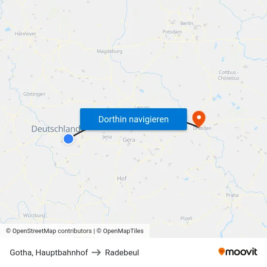 Gotha, Hauptbahnhof to Radebeul map