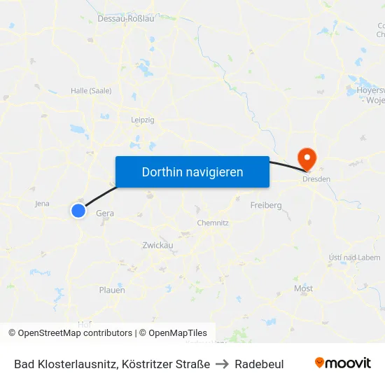 Bad Klosterlausnitz, Köstritzer Straße to Radebeul map