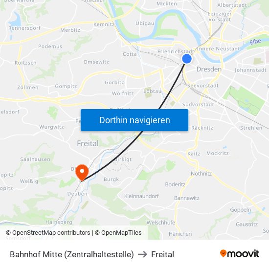 Bahnhof Mitte (Zentralhaltestelle) to Freital map