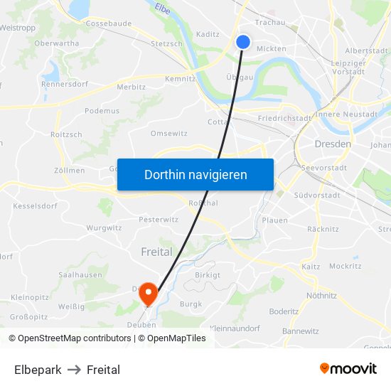 Elbepark to Freital map