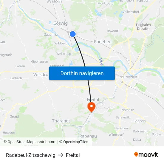 Radebeul-Zitzschewig to Freital map
