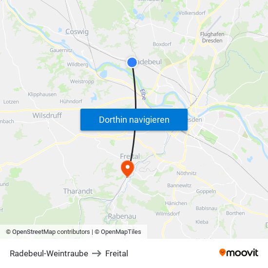 Radebeul-Weintraube to Freital map