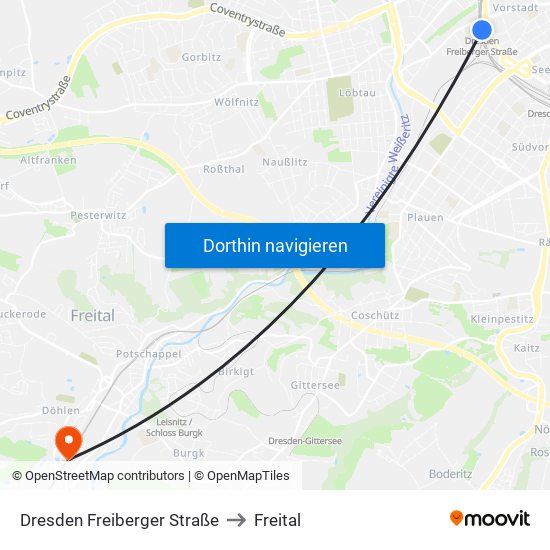 Dresden Freiberger Straße to Freital map