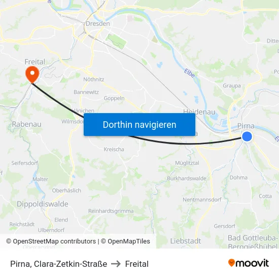 Pirna, Clara-Zetkin-Straße to Freital map