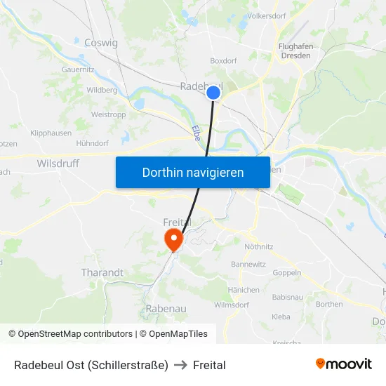 Radebeul Ost (Schillerstraße) to Freital map