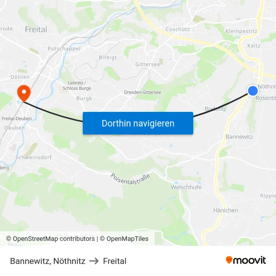Bannewitz, Nöthnitz to Freital map