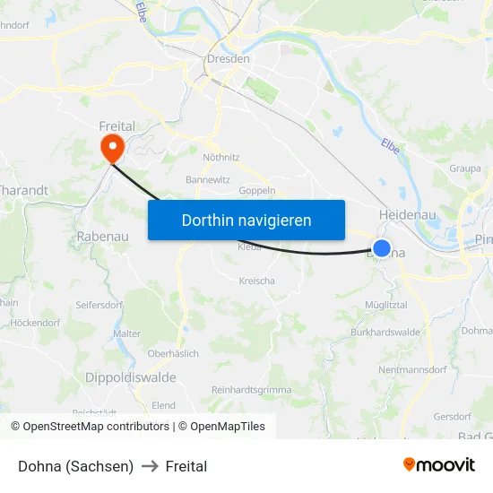 Dohna (Sachsen) to Freital map