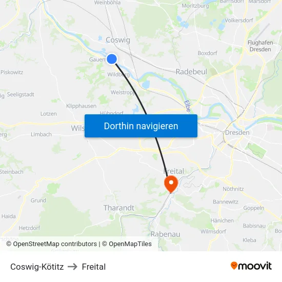 Coswig-Kötitz to Freital map