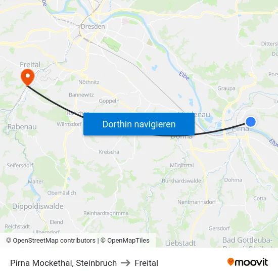 Pirna Mockethal, Steinbruch to Freital map