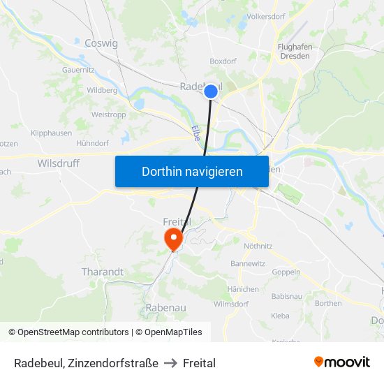 Radebeul, Zinzendorfstraße to Freital map