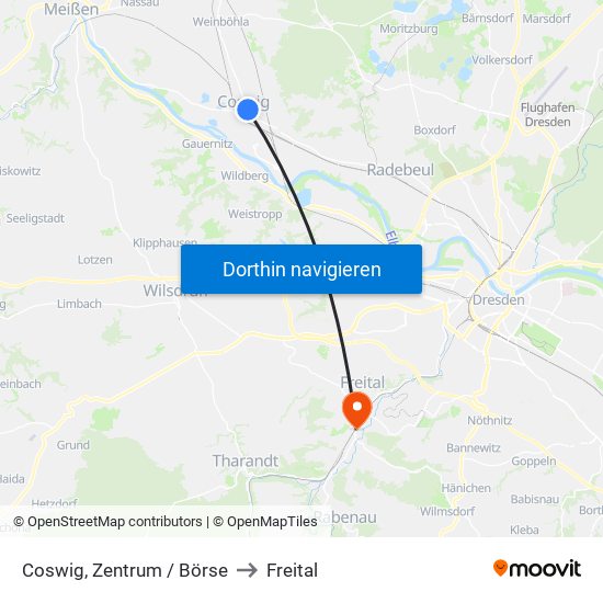 Coswig, Zentrum / Börse to Freital map