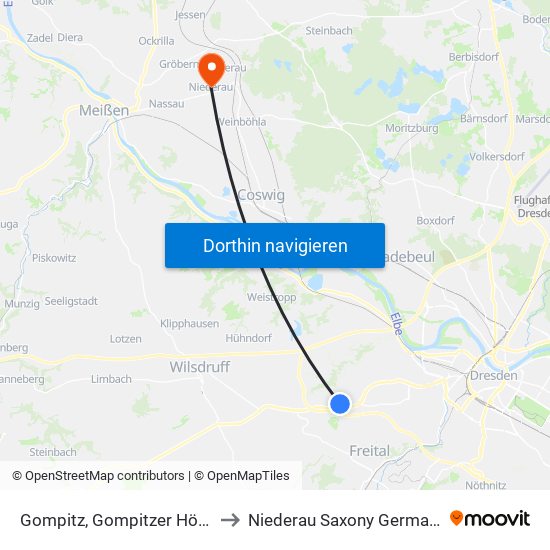 Gompitz, Gompitzer Höhe to Niederau Saxony Germany map