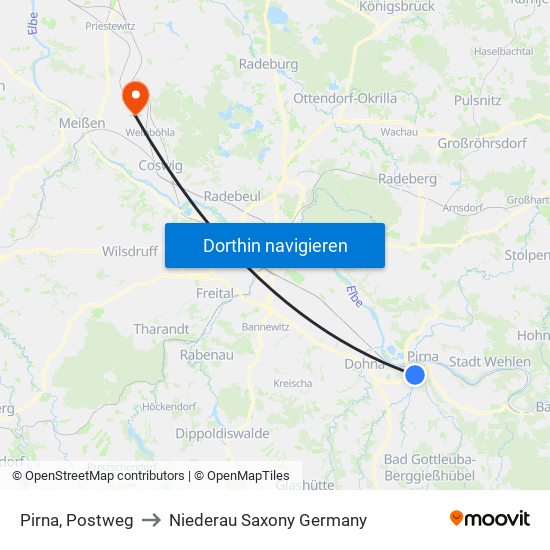 Pirna, Postweg to Niederau Saxony Germany map