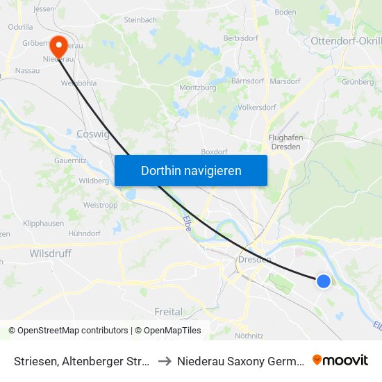 Striesen, Altenberger Straße to Niederau Saxony Germany map