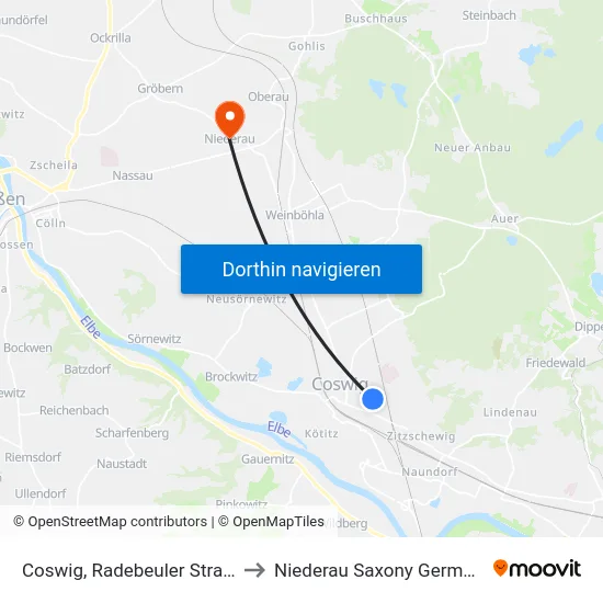 Coswig, Radebeuler Straße to Niederau Saxony Germany map