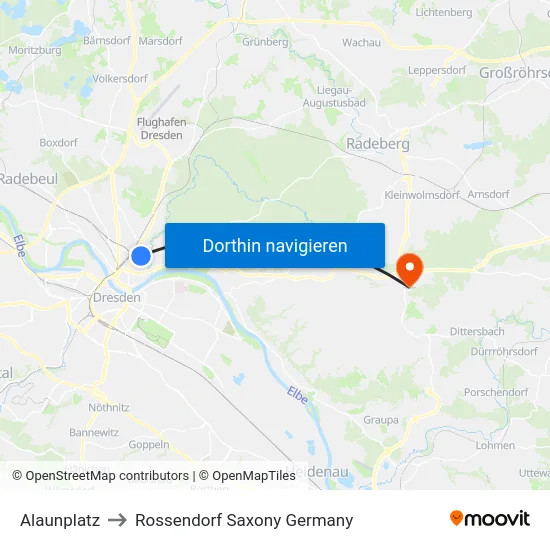 Alaunplatz to Rossendorf Saxony Germany map