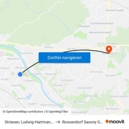 Striesen, Ludwig-Hartmann-Straße to Rossendorf Saxony Germany map