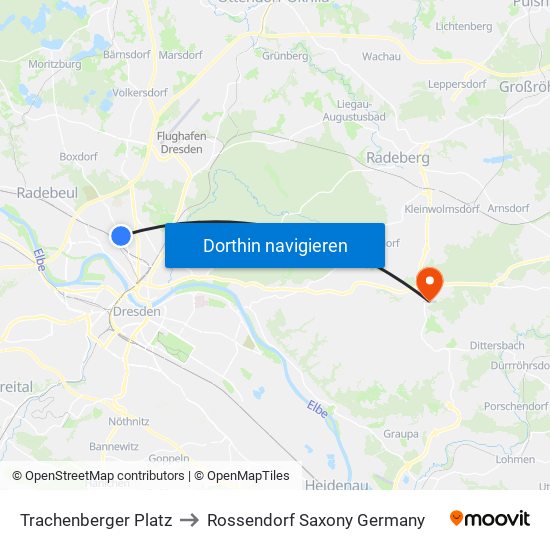 Trachenberger Platz to Rossendorf Saxony Germany map
