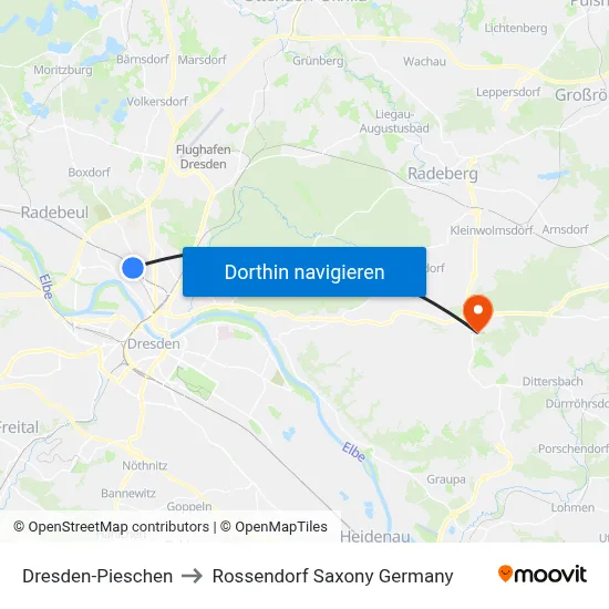 Dresden-Pieschen to Rossendorf Saxony Germany map