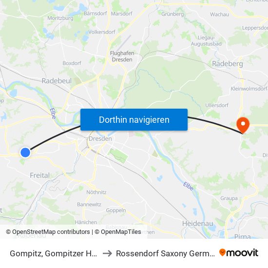 Gompitz, Gompitzer Höhe to Rossendorf Saxony Germany map