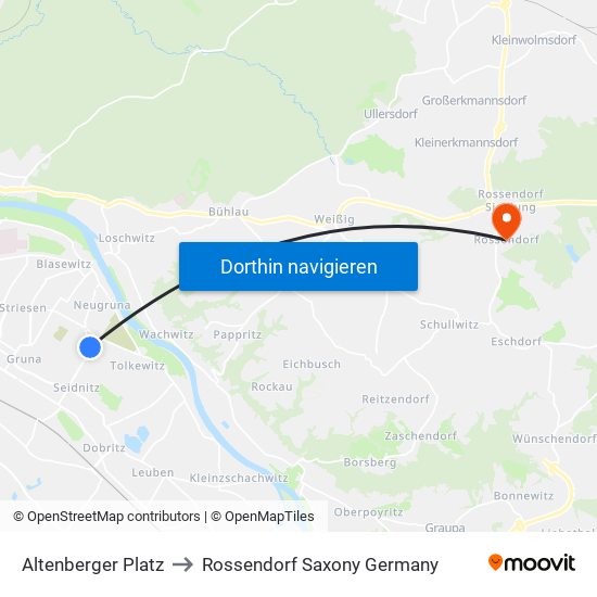 Altenberger Platz to Rossendorf Saxony Germany map