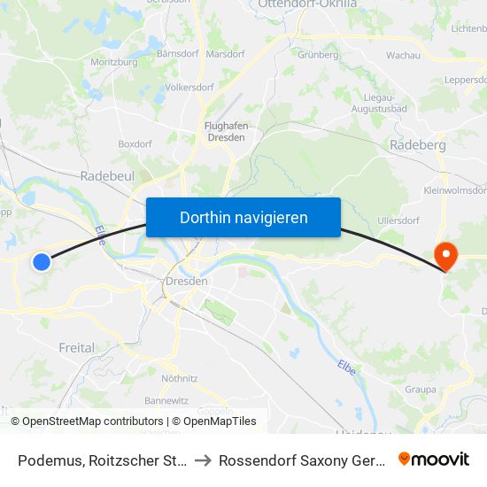 Podemus, Roitzscher Straße to Rossendorf Saxony Germany map