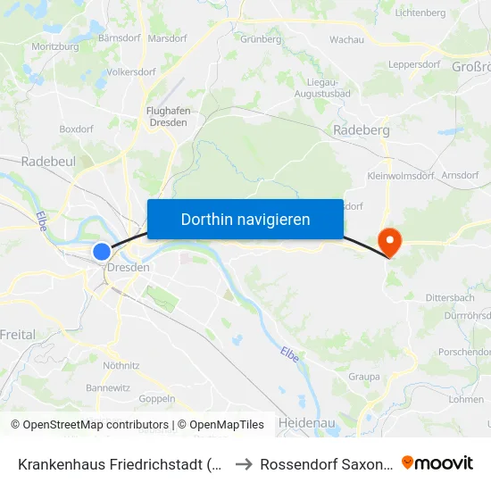 Krankenhaus Friedrichstadt (Sportpark Ostra) to Rossendorf Saxony Germany map
