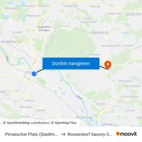 Pirnaischer Platz (Stadtmuseum) to Rossendorf Saxony Germany map