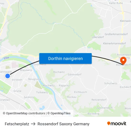 Fetscherplatz to Rossendorf Saxony Germany map