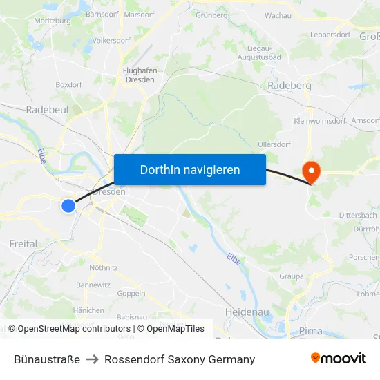 Bünaustraße to Rossendorf Saxony Germany map