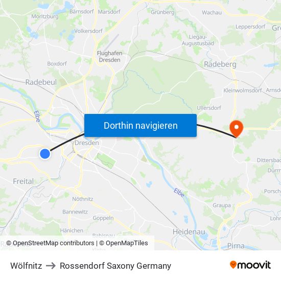 Wölfnitz to Rossendorf Saxony Germany map