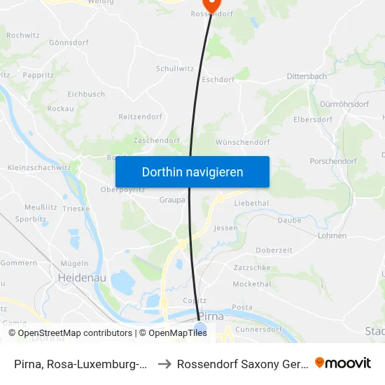 Pirna, Rosa-Luxemburg-Straße to Rossendorf Saxony Germany map