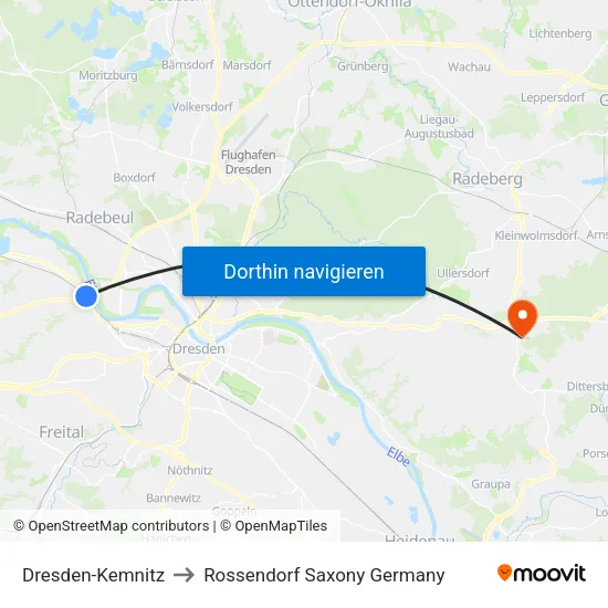 Dresden-Kemnitz to Rossendorf Saxony Germany map