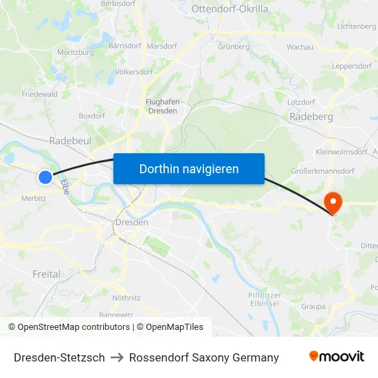 Dresden-Stetzsch to Rossendorf Saxony Germany map