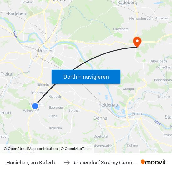 Hänichen, am Käferberg to Rossendorf Saxony Germany map