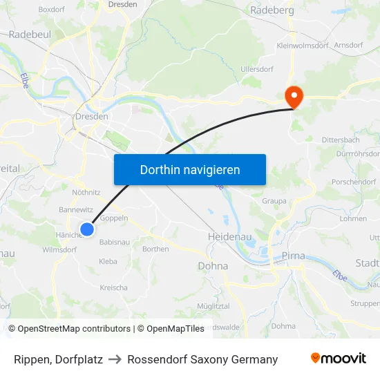 Rippen, Dorfplatz to Rossendorf Saxony Germany map